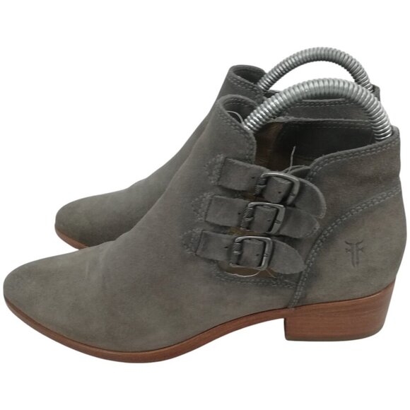 Frye Ray Belted Bootie Suede Ankle Boots Size 6.5 Gray Buckle Harness Western - Picture 1 of 10